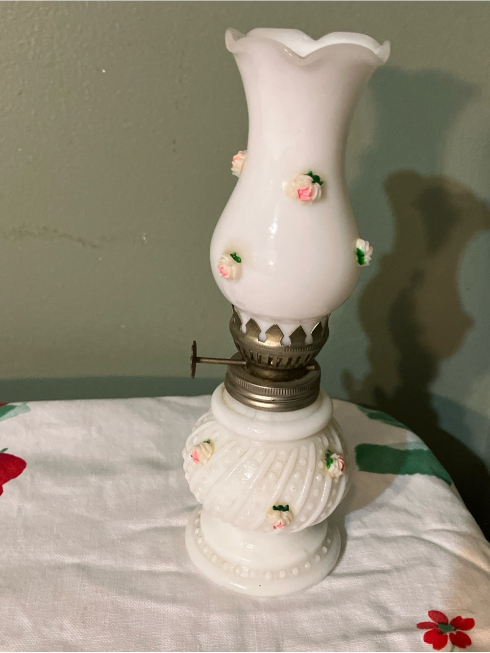 Old Miniature 7" White Milk Glass w Applied Flowers Kerosene Oil Lamp w Chimney